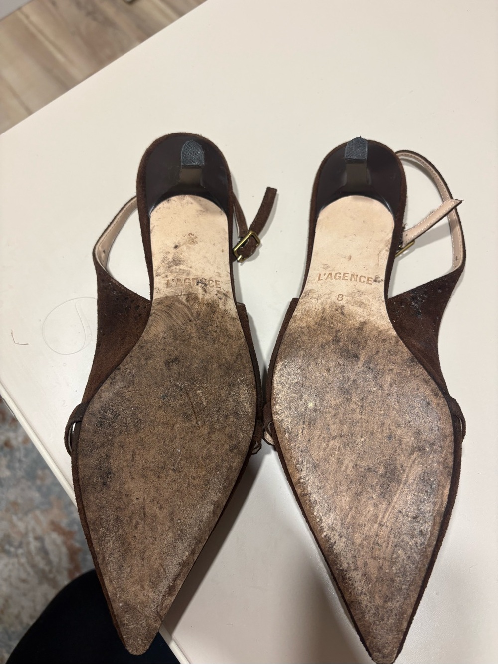 L'AGENCE Dark Brown Suede Pointed Slingback Flats - Picture 2 of 8